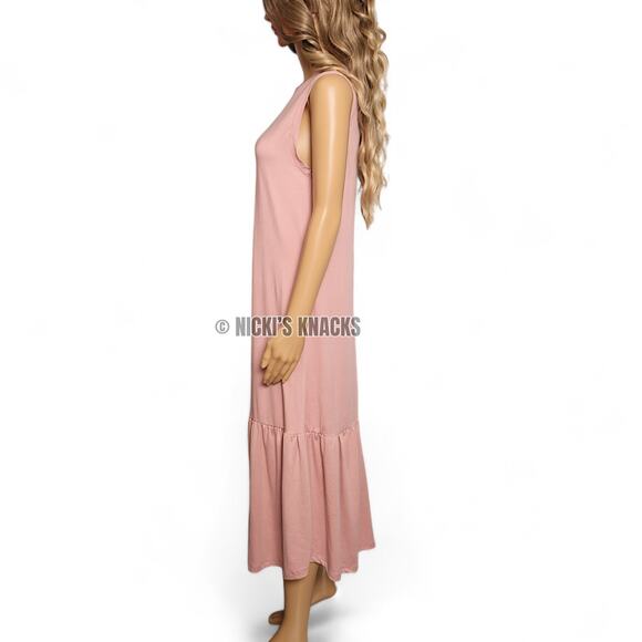 Blush Pink Sleeveless Midi Dress Shift Style Ruffle Hem Lagenlook Cottagecore L - Picture 3 of 8